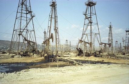 Oil derricks and machinery at the Bibi Heybat oilfield.