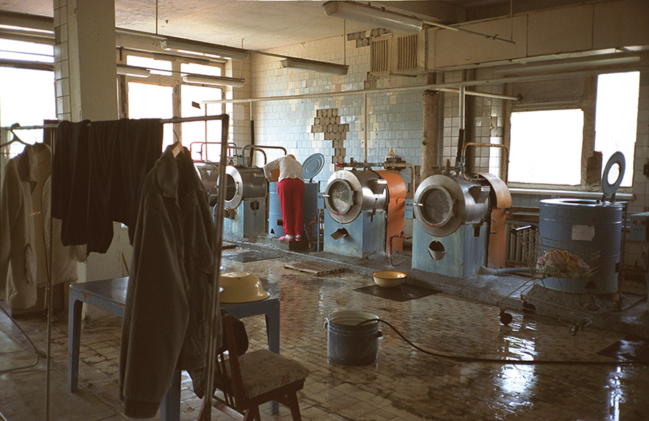 Industrial washing machines in a laundry in the Chernobyl area.