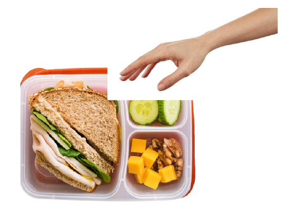 A hand reaches towards an open lunchbox containing sandwiches, vegetables and cheese.