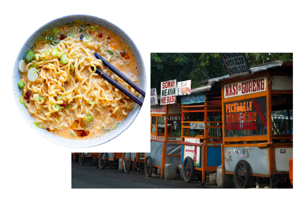 A collage of instant noodles and Indonesian street-food stalls.