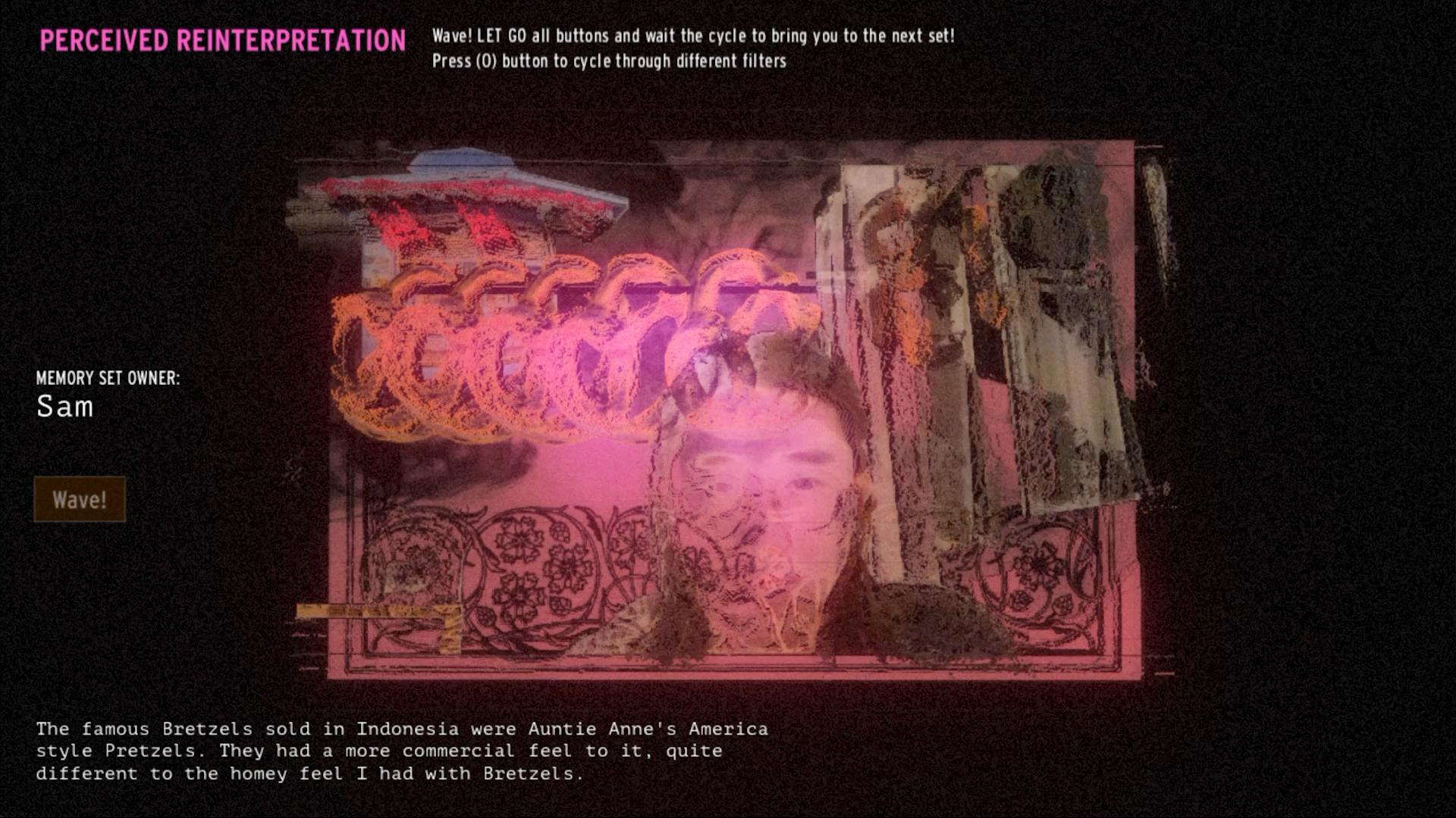 Perceived Reinterpretation installation view: a webcam image overlays Sam’s memory of pretzels.
