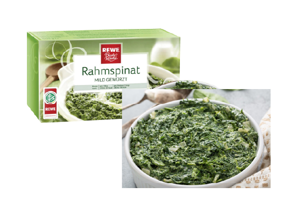 A collage of a Rahmspinat packet and a bowl of creamy spinach.
